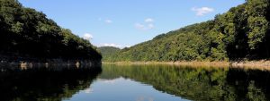 A photo of the Big South Fork River, taken from a boat.